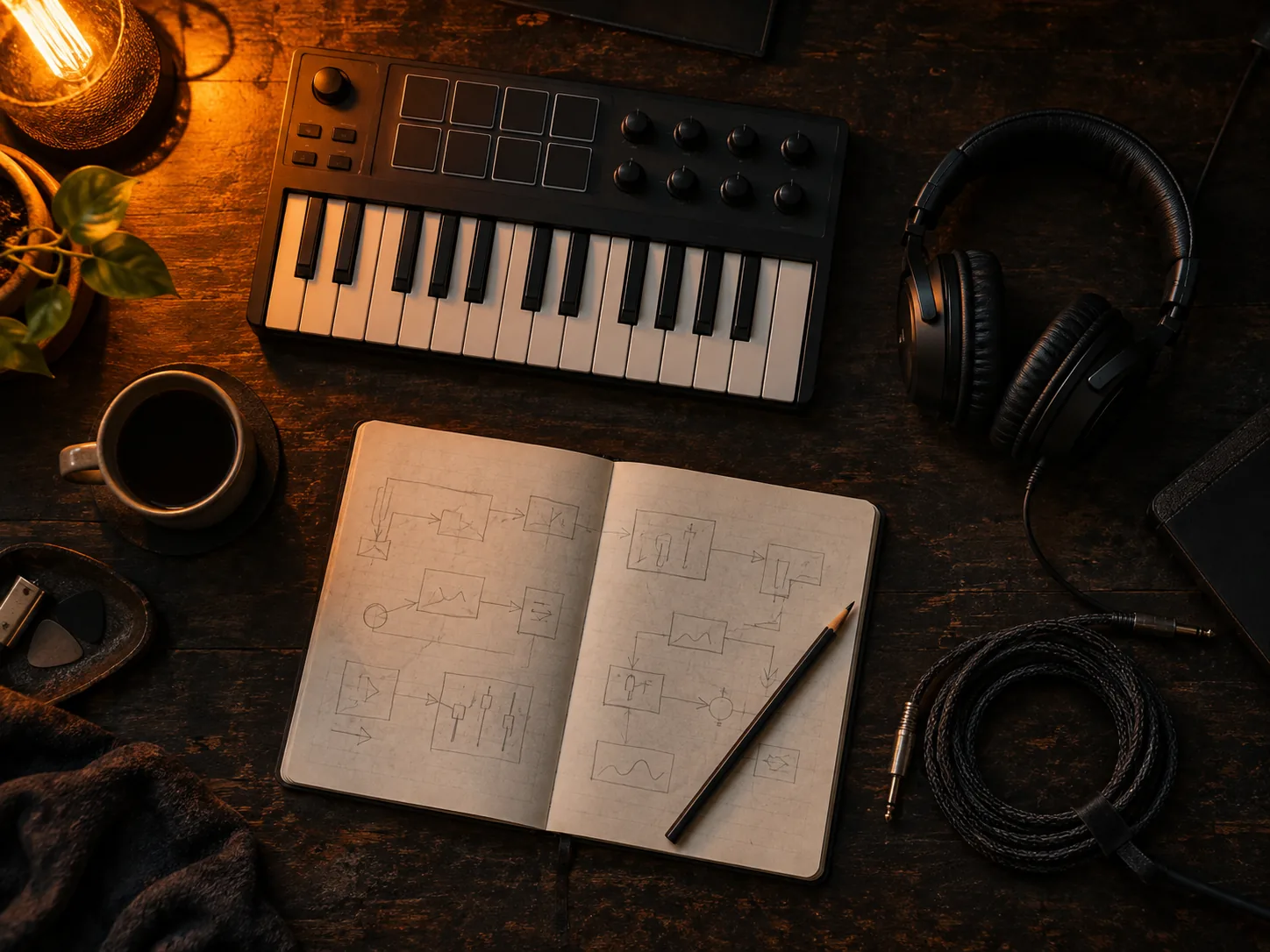 Overhead view of a music desk: a MIDI controller, headphones and a notebook.