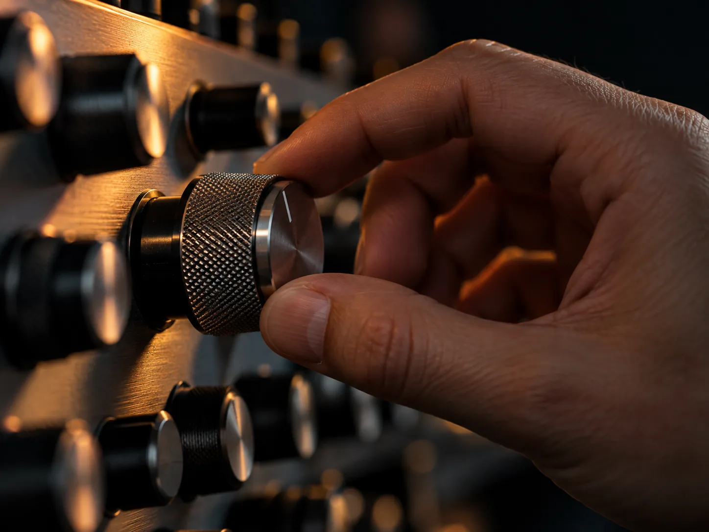 Close-up of a hand turning a knob on a hardware synthesizer.