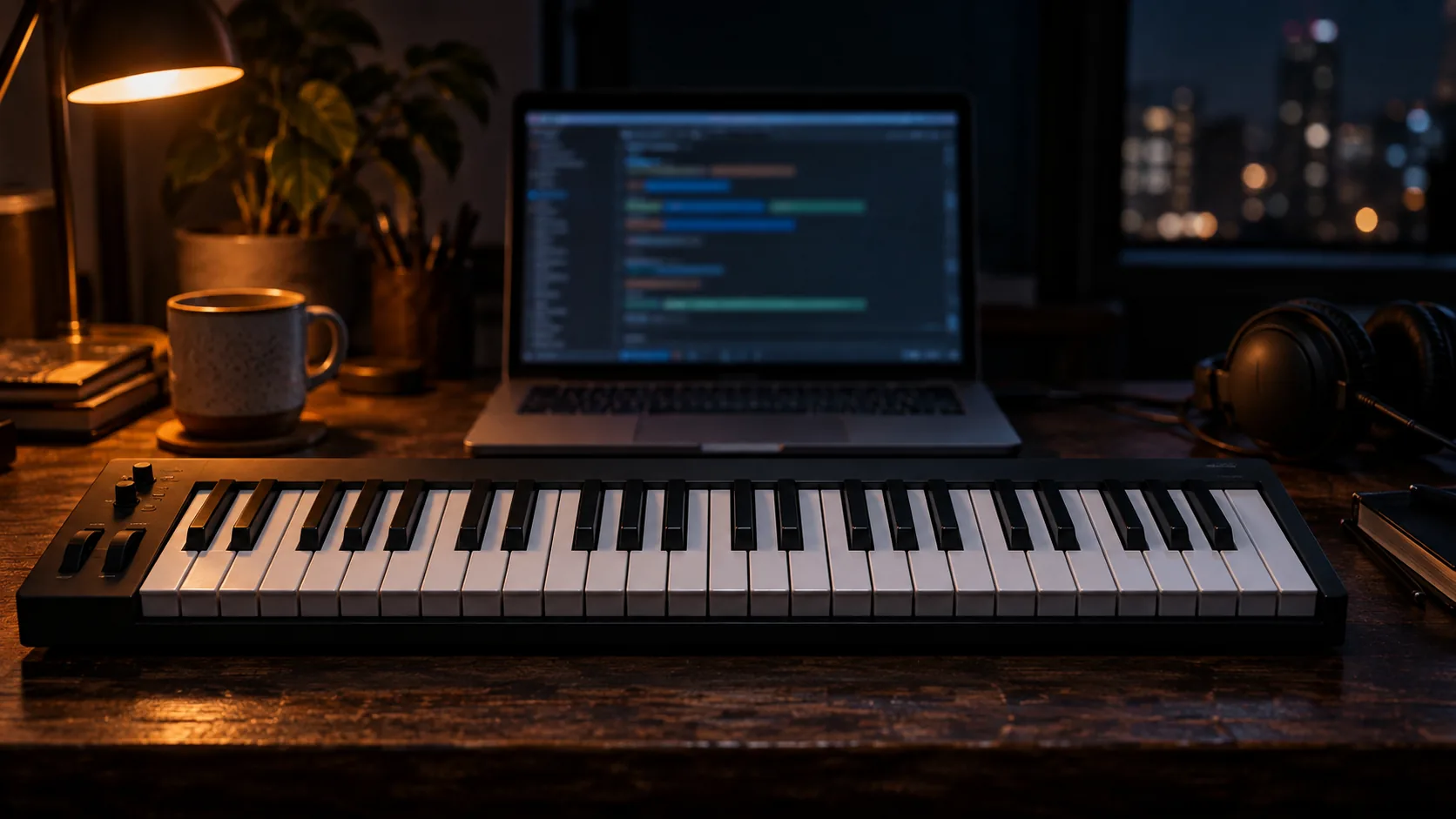 A laptop showing a code editor beside a MIDI keyboard on a studio desk.