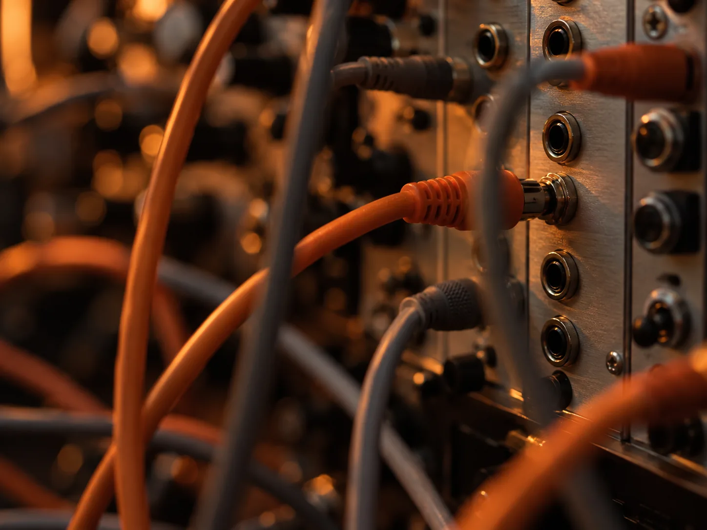 Macro shot of patch cables plugged into a modular synthesizer.