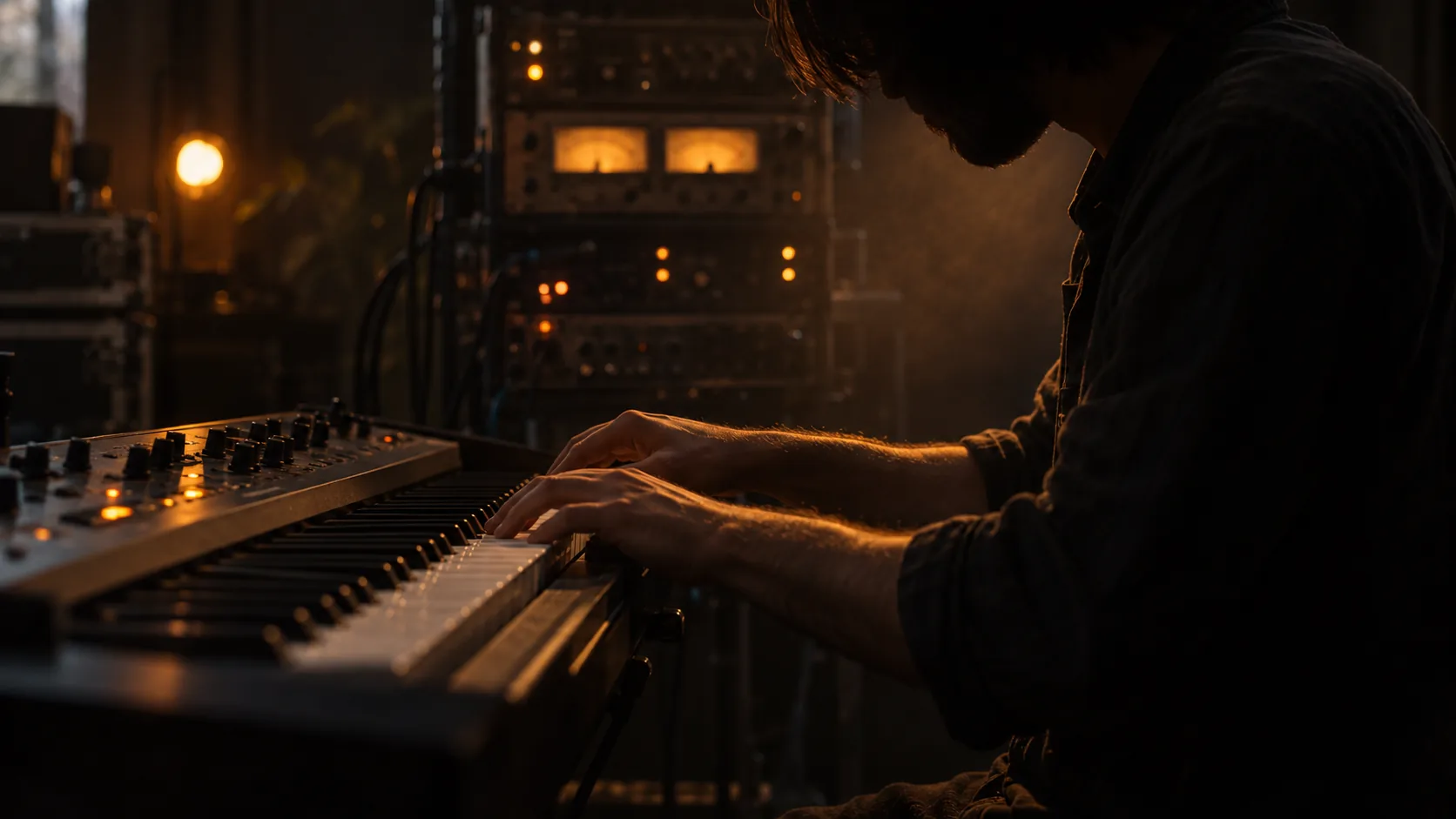 A keyboardist playing in low light, a rack of outboard gear glowing behind.