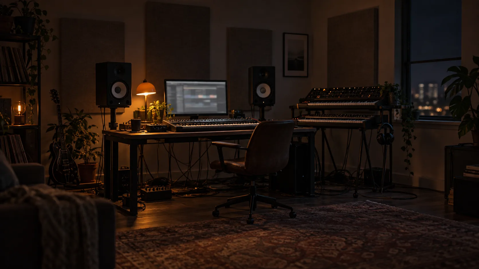 A dim home studio: studio monitors, two keyboards and cables in warm low light.